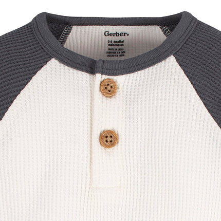 Gerber Baby Boys' 2-Pack Long Sleeve Henley Onesies, Blue and Ivory, 0-3 Months