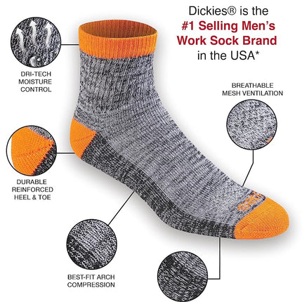 Dickies Men's Dri-tech Moisture Control Quarter Socks Multipack, Hi-Vis Orange Black (6 Pairs), Shoe Size: 6-12