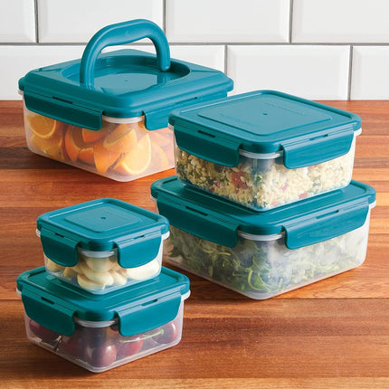 Rachael Ray Leak-Proof Stacking Container Food Storage Bin Set, 10 Piece, Teal Lids