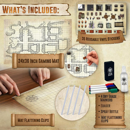 Kit de inicio de mapa DND Melee Mats para el juego Dungeons & Dragons - 24" x 36", cuadrícula de terreno de batalla borrable en seco/húmedo - La mejor experiencia de juego de mesa con accesorios
