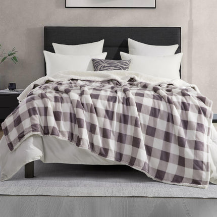 Elegant Comfort Ultra Soft Reversible Buffalo Plaid Flannel Sherpa Blanket - Cozy Silky Checkered Fleece Throw for Couch, Bed - Plush Fuzzy Warm Winter Blanket for Gift, Twin XL, Gray