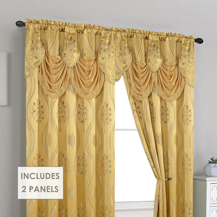 Elegant Comfort Luxurious Aurora Jacquard Look Curtain Panel Set with Attached Valance 54" X 95 inch (Set of 2), Gold