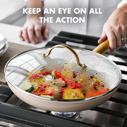 GreenPan 10" Tempered Glass Lid for Pots and Pans Cookware, Gold-Tone Handle with Matte Finish, Dishwasher and Oven Safe