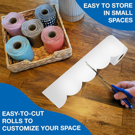 Carson Dellosa 65Ft of White Bulletin Board Borders, 1 Roll of Scalloped Trim for Rolling Whiteboard, Cork and Posterboard, Party, Office Decorations, and Classroom Decor