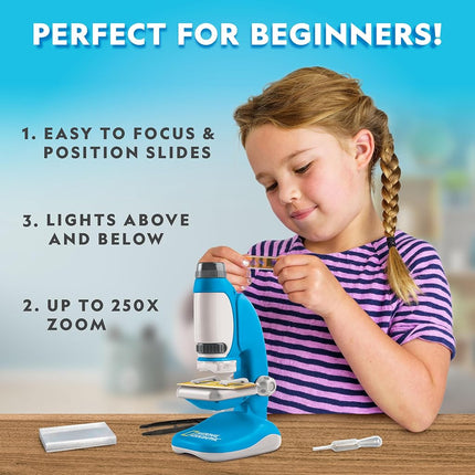 Blue Marble National Geographic Junior Microscope for Kids- Kit Includes Up to 250x Magnification Handheld Mini Attachment, 12 Slides, Lab Guide, Science Toy for Ages 6-12, STEM Project