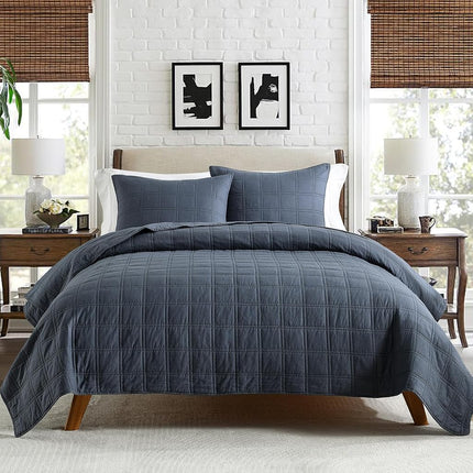 HORIMOTE HOME 100% Cotton Quilt Set Queen Size, Denim Blue Pre-Washed Bedspreads Coverlet Set in Geometric Pattern, Cozy Lightweight Stitching Decorative Bedding Cover with 2 Shams for All Season