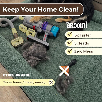 Groomi Vacuum Pet Brush Kit – 3-in-1 Dog & Cat Grooming Tool with Self-Cleaning Deshedding Brush – Universal Vacuum Attachment, Pet Hair Remover for Shedding, All Coat Types, Works with Dyson