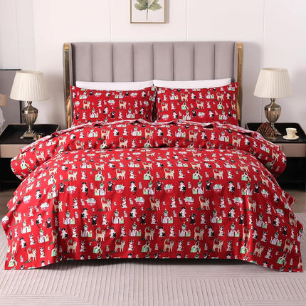 Elegant Comfort Ultra Soft 4-Piece 100% Turkish Cotton Flannel Sheet Set - Holiday Christmas Flannel Sheets, Warm and Cozy Premium Quality, Deep Pocket Fitted Sheet- Twin, Cats in Holiday