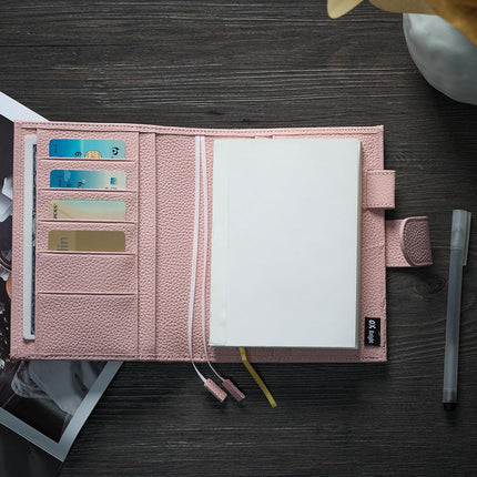 Ox Knight A6 Leather Planner Cover for Hobonichi, Stalogy, Midori Hibino, Leuchtturm1917, and More - with Pen Loop, Card Slots, Back Pocket, and Bookmarks (Pink)