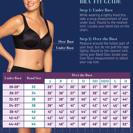 Vanity Fair Women's Medium Impact Sports Bras for Women, Breathable, Moisture Wicking, Padded Cups up to DDD, Underwire - Black, 40C