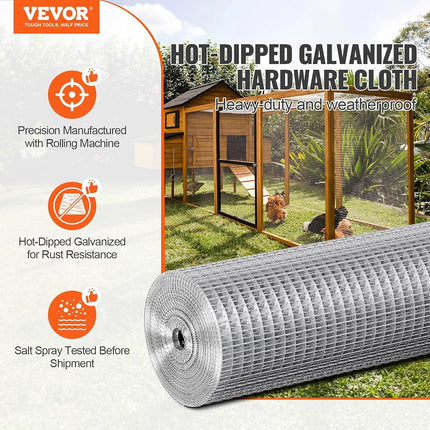 VEVOR Hardware Cloth, 1/2 inch 24in x 100 ft 19 Gauge, Hot Dipped Galvanized Wire Mesh Roll, Chicken Wire Fencing, Wire Mesh for Rabbit Cages, Garden, Small Rodents