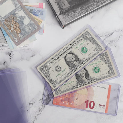 Uncle Paul 60 PCS Clear Paper Money Holder Currency Topload Holders, 6.8 x 2.9 Inch Transparent PVC Bill Protector, Banknotes Sleeves Currency Paper Money Protector Bag PN03L60