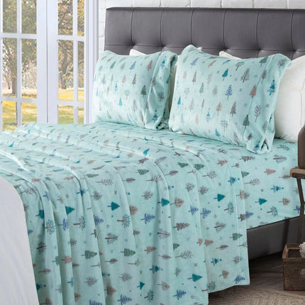 Elegant Comfort Luxuriously Soft 4-Piece Holiday Velvet Plush Flannel Sheet Set - Premium Quality - Cozy Warm, Christmas Fuzzy Velvet Flannel Fleece Deep Pocket Sheet Set - Twin XL, Mint Pine Trees