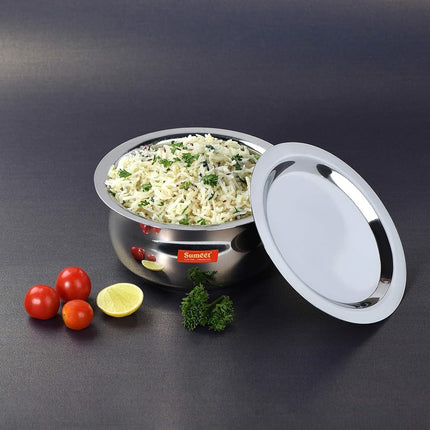 Sumeet Stainless Steel Belly Shape 3 Pc Tope/Cookware/Pot Set with Lid 380ML, 500ML, 780ML, (Silver)