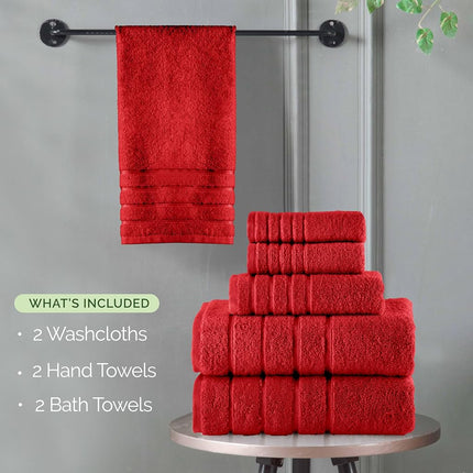 Juego de toallas de baño de viscosa Elegant Comfort de 6 piezas con 4 líneas a rayas, 100% algodón turco, toallas de baño altamente absorbentes que incluyen 2 toallitas, 2 toallas de mano y 2 toallas de baño (rojo)
