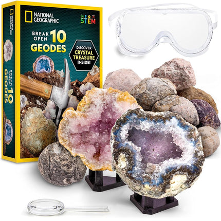 NATIONAL GEOGRAPHIC Break Open 10 Premium Geodes � Includes Goggles and Display Stands - Great STEM Science Kit, Geology Gift for Kids, Geode Crystals, Toys for Boys and Girls
