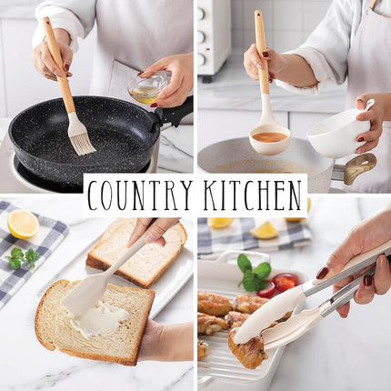 Country Kitchen 14 Piece Silicone and Wood Kitchen Utensil Set, Heat Resistant up to 450℉, Easy to Clean and Hand Washable