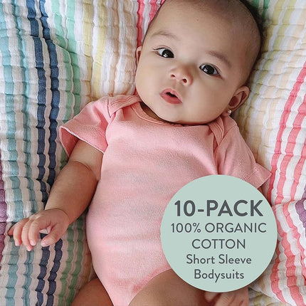 Honestbaby 10-Pack Short Sleeve Bodysuits One-Piece 100% Organic Cotton for Infant Baby Boys, Girls, Unisex, Rainbow Pinks, 12 Months