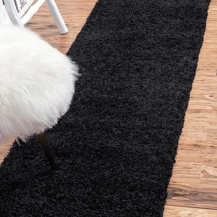 Unique Loom Solo Solid Shag Collection Modern Plush Jet Black Runner (3' x 10')