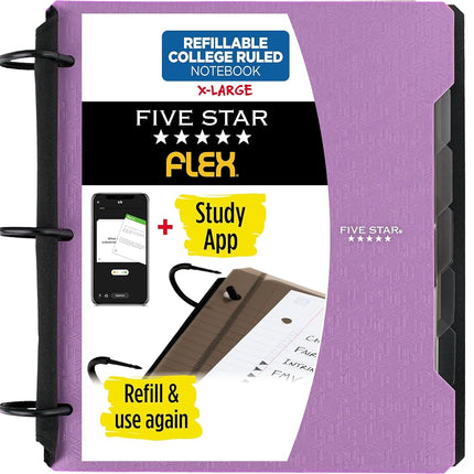 Cuaderno recargable Five Star Flex + aplicación de estudio, papel a rayas universitarias, anillas TechLock de 3,8 cm, bolsillos, separadores y pestañas, capacidad de 300 hojas, morado (29324AB6)