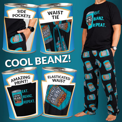 HEINZ Mens Pyjamas Set PJs T-Shirt Long Bottoms Breathable Loungewear Comfy Nightwear Baked Beans Funny Gifts for Men (XL, Black)