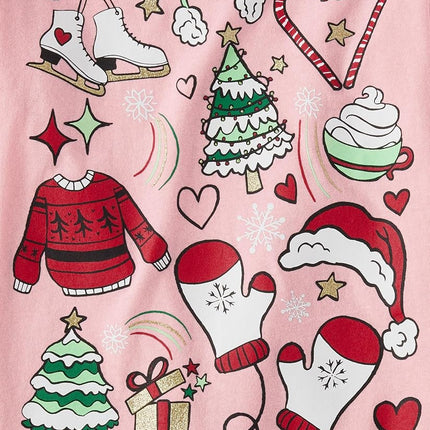 The Children's Place Girls' All Holidays Long Sleeve Graphic T-Shirts,multipacks, Christmas Doodle/Drink 2-Pack, Large
