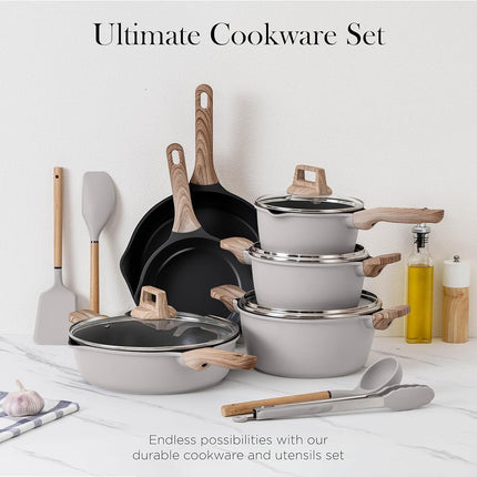 Country Kitchen Pots and Pans Set Nonstick, Cast Aluminum Kitchen Cookware Set with Utensils, 14 Pcs Non Stick Cooking Set w/Frying Pans & Saucepans, Sage