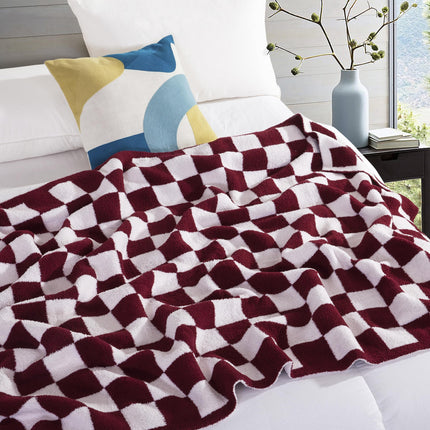 Elegant Comfort Checkered Throw Blanket, Burgundy Super Soft Cozy Fluffy Warm Throw Blankets for Couch, Sofa, Chair, Bed, Camping, Picnic, Travel Lightweight Bed Blanket (50" x 70")