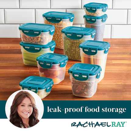 Rachael Ray Leak-Proof Stacking Container Food Storage Bin Set, 20 Piece, Clear with Teal Lids