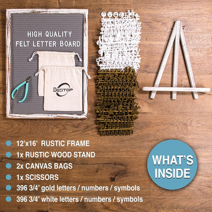 Felt Board With Rustic Vintage Frame and Stand 12x16 Inch, Grey Changeable Message Board Includes 792 Letters, Numbers and Symbols, Hook to Hang, 2 Canvas Bags