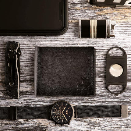 BULL GUARD Portefeuille en cuir pour homme, RFID, pliant, avec porte-cartes d'identité relevable, en cuir Saffiano noir