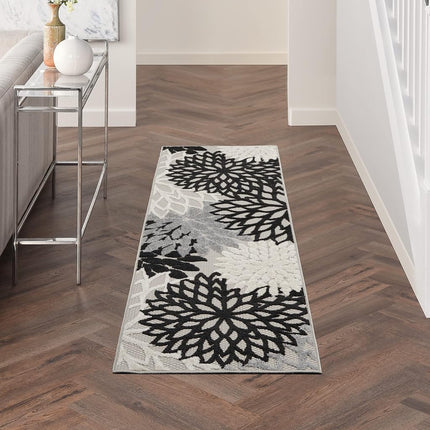 Nourison Aloha Indoor/Outdoor Black White 2'3" x 8' Area Rug, Tropical, Botanical, Easy Cleaning, Non Shedding, Bed Room, Living Room, Dining Room, Deck, Backyard, Patio (2x8)