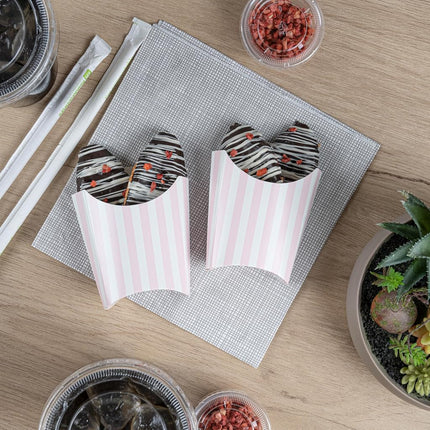Bio Tek 3.9 x 2.6 x 3.5 Inch French Fry Cup, 100 Disposable Snack Cups - Stackable, Sustainable, Pink and White Paper 2 Ounce Fry Holder, for Fries, Onion Rings, Popcorn, or Cookies - Restaurantware