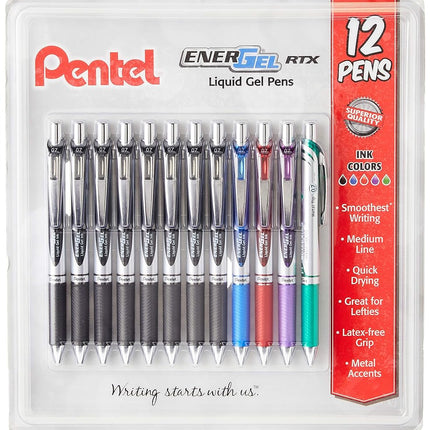 Bolígrafo de gel líquido retráctil Pentel EnerGel RTX, tinta negra/azul/roja/verde/violeta de 0.7 mm, paquete de 12 (BL77O12C)