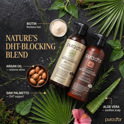 PURA D'OR Professional Grade Clinically Formulated Biotin Shampoo & Conditioner For Hair Thinning - 2X Concentrated DHT Blocker Thickening Products For Women & Men, Sulfate Free, 16oz x2