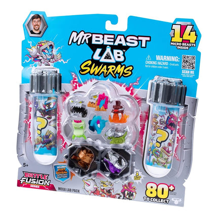 MrBeast Lab Swarms Battle Fusion Series Mega Lab Pack – Includes 14 Micro Beasts with Ultra Rare Hammerhead, 80+ to Collect, Stickers & Stackable Fusion Caps for Display