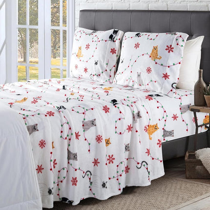 Elegant Comfort Luxuriously Soft 4-Piece Holiday Velvet Plush Flannel Sheet Set - Premium Quality - Cozy Warm, Christmas Fuzzy Velvet Flannel Fleece Deep Pocket Sheet Set - Twin XL, Jingle Cats