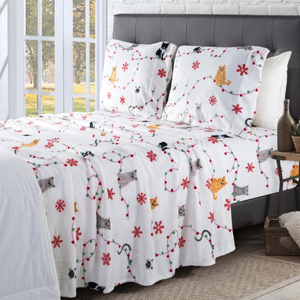 Elegant Comfort Luxuriously Soft 4-Piece Holiday Velvet Plush Flannel Sheet Set - Premium Quality - Cozy Warm, Christmas Fuzzy Velvet Flannel Fleece Deep Pocket Sheet Set - Twin XL, Jingle Cats