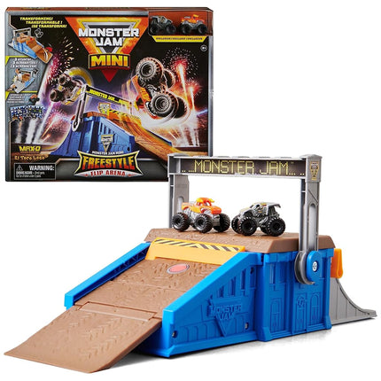 Monster Jam Mini Freestyle Flip Arena Playset and Storage with 2 Mini Trucks, Kids Toys for Boys and Girls Ages 3 and up