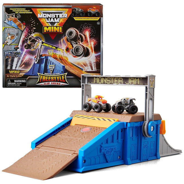 Monster Jam Mini Freestyle Flip Arena Playset and Storage with 2 Mini Trucks, Kids Toys for Boys and Girls Ages 3 and up