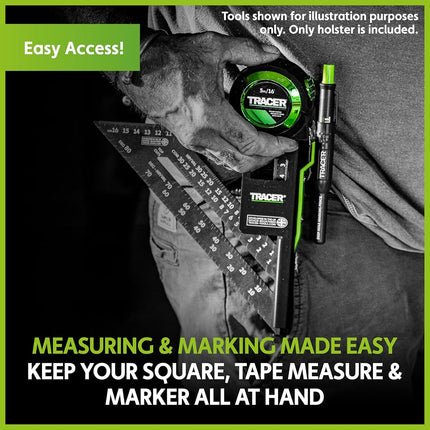 Tracer Set Square and Tape Holder – Speed Square and Tape Measure Holder with Additional Slots for Markers and Belt Clip for 2" Belts.