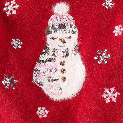 Suéter tipo jersey de cuello redondo y manga larga para niña The Children's Place, Muñeco de nieve rojo, Grande