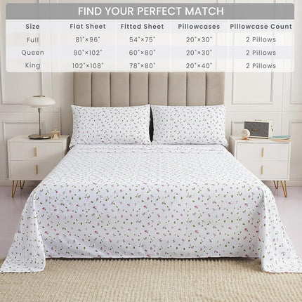 Mooreeke Floral Queen Sheets, Soft Breathable Microfiber Printed Bed Sheet Set, Deep Pocket Non-Slip Fitted Sheet Included, Flower Leaf Pattern