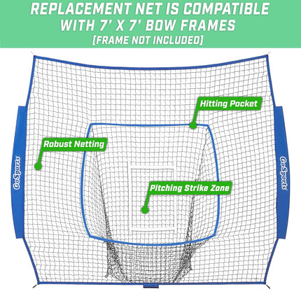 GoSports Team Tone Replacement 7 ft x 7 ft Baseball/Softball Net - Compatible with GoSports Brand 7 ft x 7 ft Baseball Net - Frame Not Included - Royal