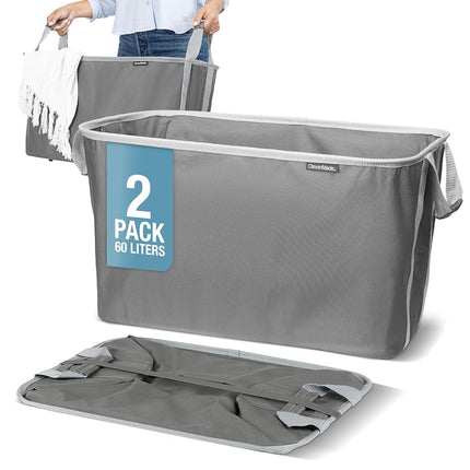 CleverMade Collapsible Laundry Basket Hamper - Shadow Stone Gray 2-Pack 60L - Space Saving Storage Organizer with Handles Foldable Home Organization