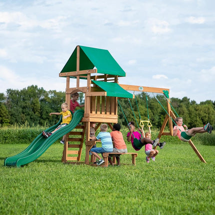 Backyard Discovery Belmont Cedar Swing Set | 2.4m Slide & Rock Wall