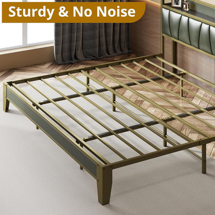 LIKIMIO California King Bed Frame, Storage Headboard with Charging Station, Solid and Stable, Noise Free, No Box Spring Needed, Easy Assembly (Dark Green)