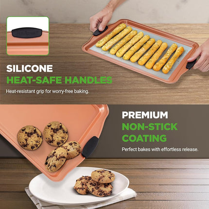 NutriChef 5 Piece Baking Pan Set, Nonstick Carbon Steel Bakeware Pans, Stackable Baking Trays, Kitchen Bake Cookie Sheet for Oven, with Silicone Handles, PFOA, PFOS, PTFE Free