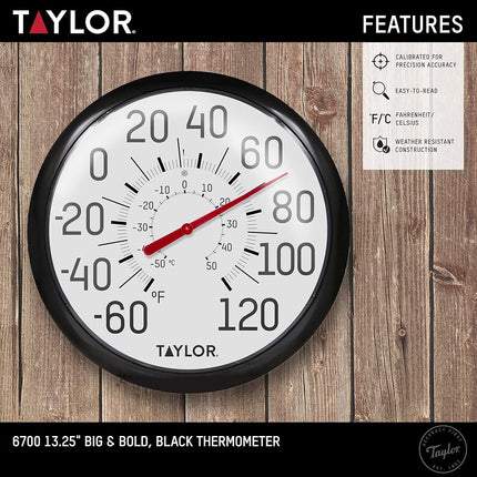 Taylor Precision Products Big and Bold Wall Thermometer, 13.25 inch, Black