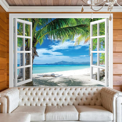 FLFK Fake Window Wall Mural - Beach Palm Trees Faux Window Wall Sticker for Wall Decor, Stick and Peel Wall Decals, 80"x60", Set of 5 Sheets